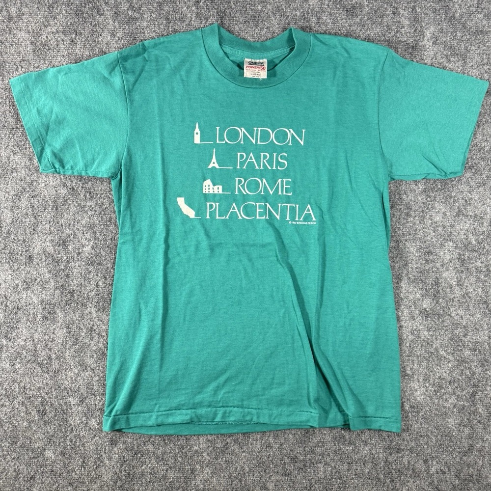 Vtg California Shirt Men L Teal London Paris Rome Single Stitch Made In USA 90s - Picture 1 of 7